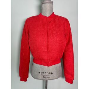 Jason Wu Pink/Red Coral Tweed Pattern Cropped Bomber Jacket size XS